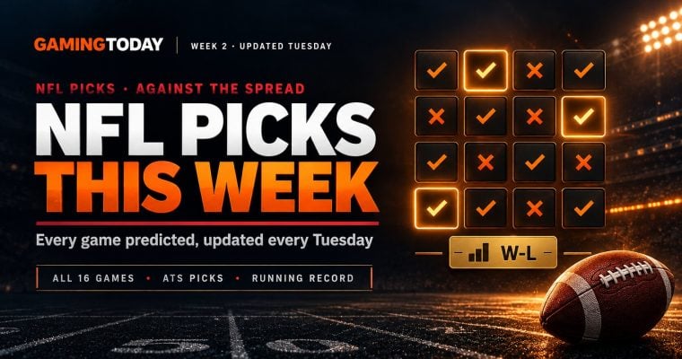Grid of orange pick markers with a record badge beside a football for NFL picks this week against the spread