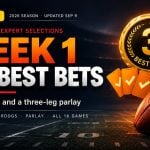 Brown football and gold best bets medallion on a dark field background for NFL Week 1 best bets and parlay picks