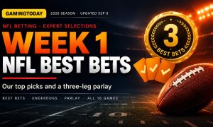 Brown football and gold best bets medallion on a dark field background for NFL Week 1 best bets and parlay picks
