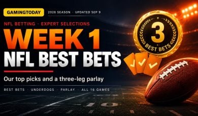 Brown football and gold best bets medallion on a dark field background for NFL Week 1 best bets and parlay picks