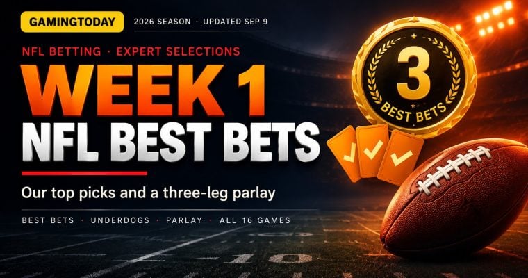 Brown football and gold best bets medallion on a dark field background for NFL Week 1 best bets and parlay picks
