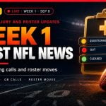 Gold clipboard with amber, red and green player status markers beside a football for NFL Week 1 injury and roster news