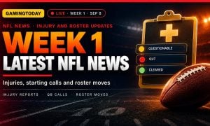 Gold clipboard with amber, red and green player status markers beside a football for NFL Week 1 injury and roster news