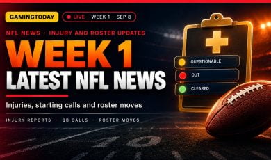 Gold clipboard with amber, red and green player status markers beside a football for NFL Week 1 injury and roster news
