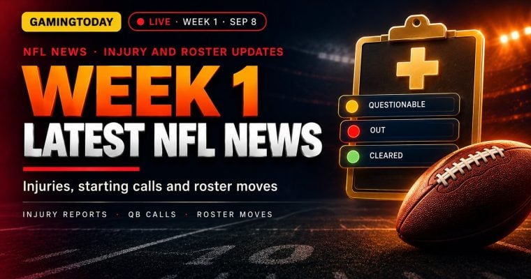Gold clipboard with amber, red and green player status markers beside a football for NFL Week 1 injury and roster news
