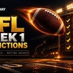 Football in flight with an orange trail toward goalposts above a row of gold pick markers for NFL Week 1 predictions