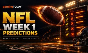 Football in flight with an orange trail toward goalposts above a row of gold pick markers for NFL Week 1 predictions