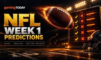 Football in flight with an orange trail toward goalposts above a row of gold pick markers for NFL Week 1 predictions