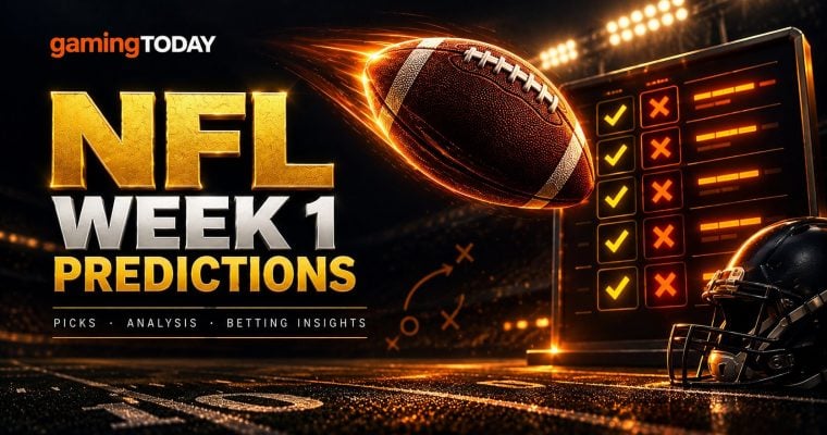 Football in flight with an orange trail toward goalposts above a row of gold pick markers for NFL Week 1 predictions