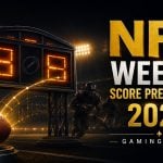 Football in flight with an orange trail toward goalposts above a row of gold pick markers for NFL Week 1 predictions