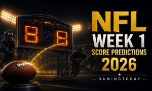 Football in flight with an orange trail toward goalposts above a row of gold pick markers for NFL Week 1 predictions