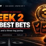Gold best bets medallion with orange betting tickets and a football for NFL Week 2 best bets and parlay picks