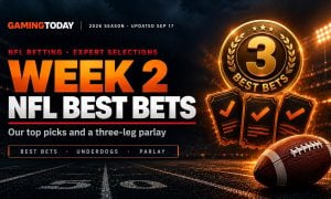 Gold best bets medallion with orange betting tickets and a football for NFL Week 2 best bets and parlay picks