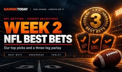 Gold best bets medallion with orange betting tickets and a football for NFL Week 2 best bets and parlay picks