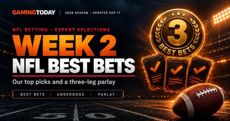 Gold best bets medallion with orange betting tickets and a football for NFL Week 2 best bets and parlay picks