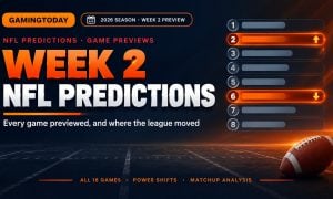 Football on a dark field background with an orange odds board panel showing spreads for NFL Week 2 odds