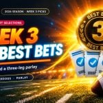 Glowing gold best bets medallion with cyan-marked betting tickets and a football under bright orange stadium light for NFL Week 3 best bets