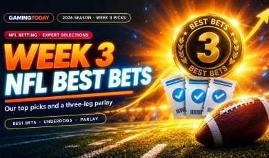 Glowing gold best bets medallion with cyan-marked betting tickets and a football under bright orange stadium light for NFL Week 3 best bets