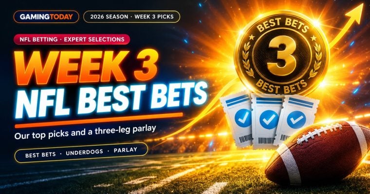 Glowing gold best bets medallion with cyan-marked betting tickets and a football under bright orange stadium light for NFL Week 3 best bets