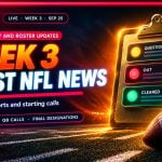 Glowing gold clipboard with amber, crimson and green player status markers beside a football for NFL Week 3 injury and roster news