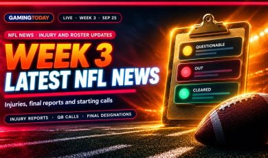 Glowing gold clipboard with amber, crimson and green player status markers beside a football for NFL Week 3 injury and roster news