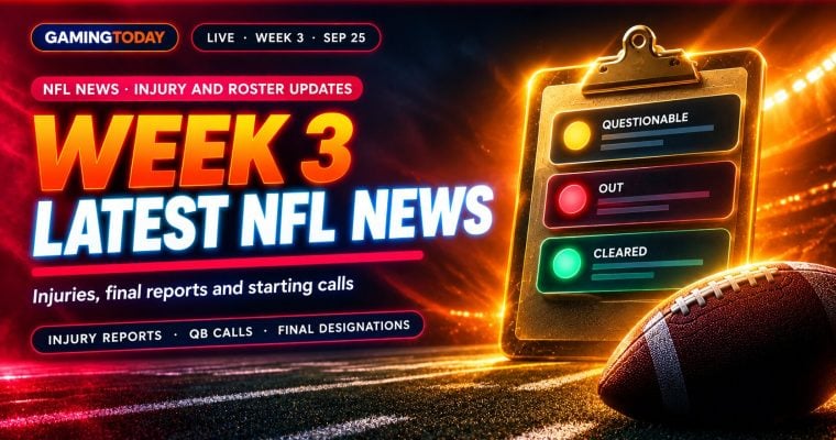 Glowing gold clipboard with amber, crimson and green player status markers beside a football for NFL Week 3 injury and roster news