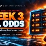Glowing football and cyan-edged odds board on bright orange stadium lighting for NFL Week 3 odds and spreads