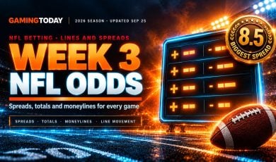 Glowing football and cyan-edged odds board on bright orange stadium lighting for NFL Week 3 odds and spreads