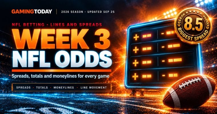 Glowing football and cyan-edged odds board on bright orange stadium lighting for NFL Week 3 odds and spreads