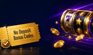 Blank gold promo voucher with a verified badge beside a spinning slot reel for no deposit bonus codes and free spins