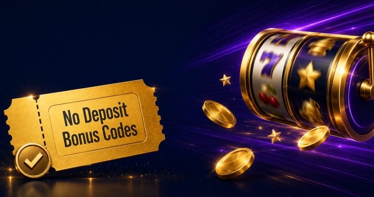 Blank gold promo voucher with a verified badge beside a spinning slot reel for no deposit bonus codes and free spins