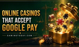 a digital wallet card sliding toward casino chips with a fingerprint icon for Google Pay casino deposits
