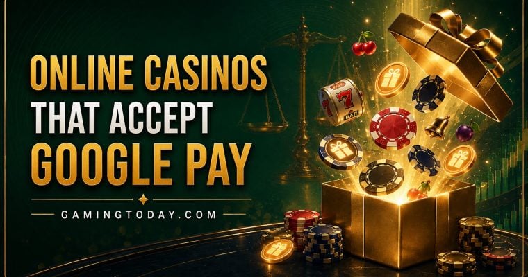 a digital wallet card sliding toward casino chips with a fingerprint icon for Google Pay casino deposits