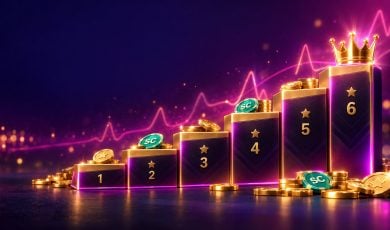 Six-step gold tier ladder with a crown and scattered coins representing Pulsz VIP rewards for existing players