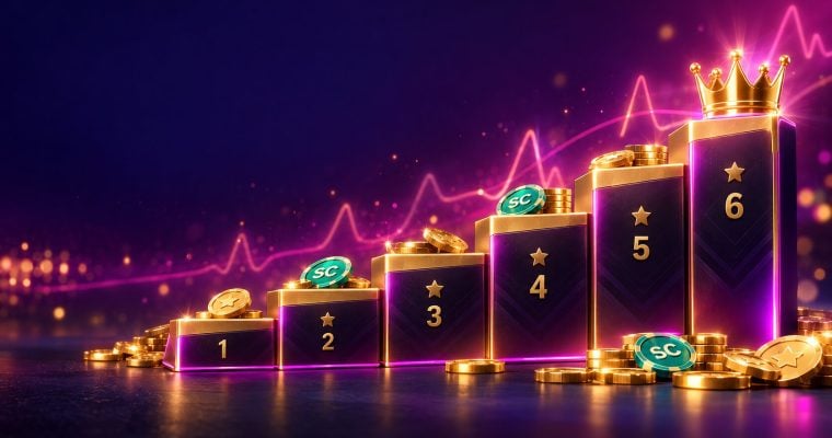 Six-step gold tier ladder with a crown and scattered coins representing Pulsz VIP rewards for existing players