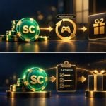 Sweeps coin flowing through a playthrough symbol to a gift card and cash icon explaining how social casinos pay real money