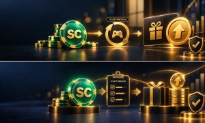 Sweeps coin flowing through a playthrough symbol to a gift card and cash icon explaining how social casinos pay real money