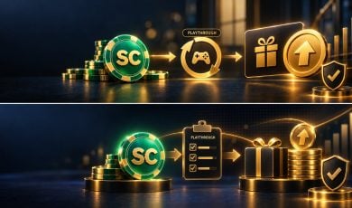 Sweeps coin flowing through a playthrough symbol to a gift card and cash icon explaining how social casinos pay real money