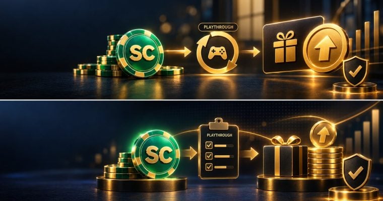 Sweeps coin flowing through a playthrough symbol to a gift card and cash icon explaining how social casinos pay real money