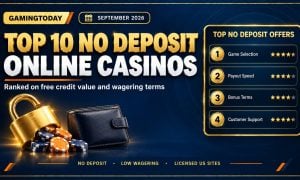 Open gold padlock spilling chips beside an unopened wallet and a ranked offers panel for the top 10 no deposit online casinos