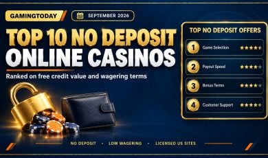 Open gold padlock spilling chips beside an unopened wallet and a ranked offers panel for the top 10 no deposit online casinos