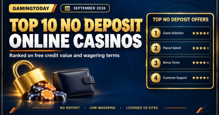 Open gold padlock spilling chips beside an unopened wallet and a ranked offers panel for the top 10 no deposit online casinos