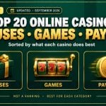 Three gold category cards showing gift box, game reels and payout coin icons for top 20 online casinos by bonuses games and payouts