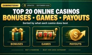 Three gold category cards showing gift box, game reels and payout coin icons for top 20 online casinos by bonuses games and payouts
