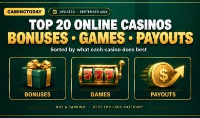 Three gold category cards showing gift box, game reels and payout coin icons for top 20 online casinos by bonuses games and payouts