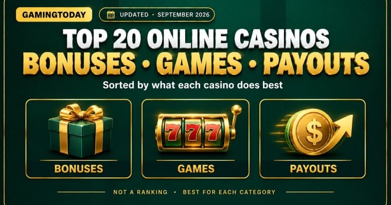 Three gold category cards showing gift box, game reels and payout coin icons for top 20 online casinos by bonuses games and payouts