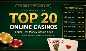 Gold twenty-tier leaderboard with glowing top ranks and casino chips for the top 20 online casinos in the US this week