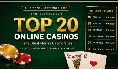 Gold twenty-tier leaderboard with glowing top ranks and casino chips for the top 20 online casinos in the US this week