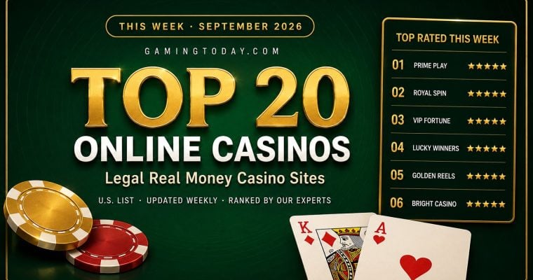 Gold twenty-tier leaderboard with glowing top ranks and casino chips for the top 20 online casinos in the US this week