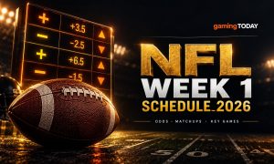 Dark calendar grid with four highlighted days, a gold star and a football for the NFL Week 1 2026 schedule